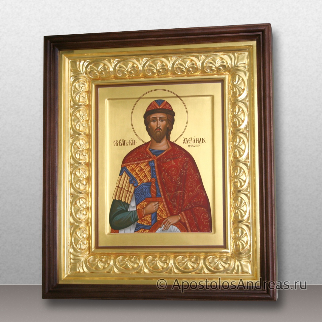 Икона Александр Невский с золочением фона 960 пр. (в киоте с резной рамой), образец № 36