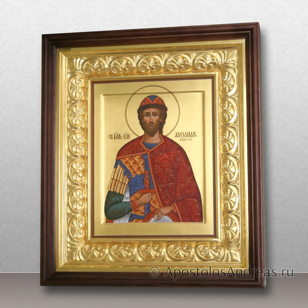 Икона Александр Невский с золочением фона 960 пр. (в киоте с резной рамой), образец № 36