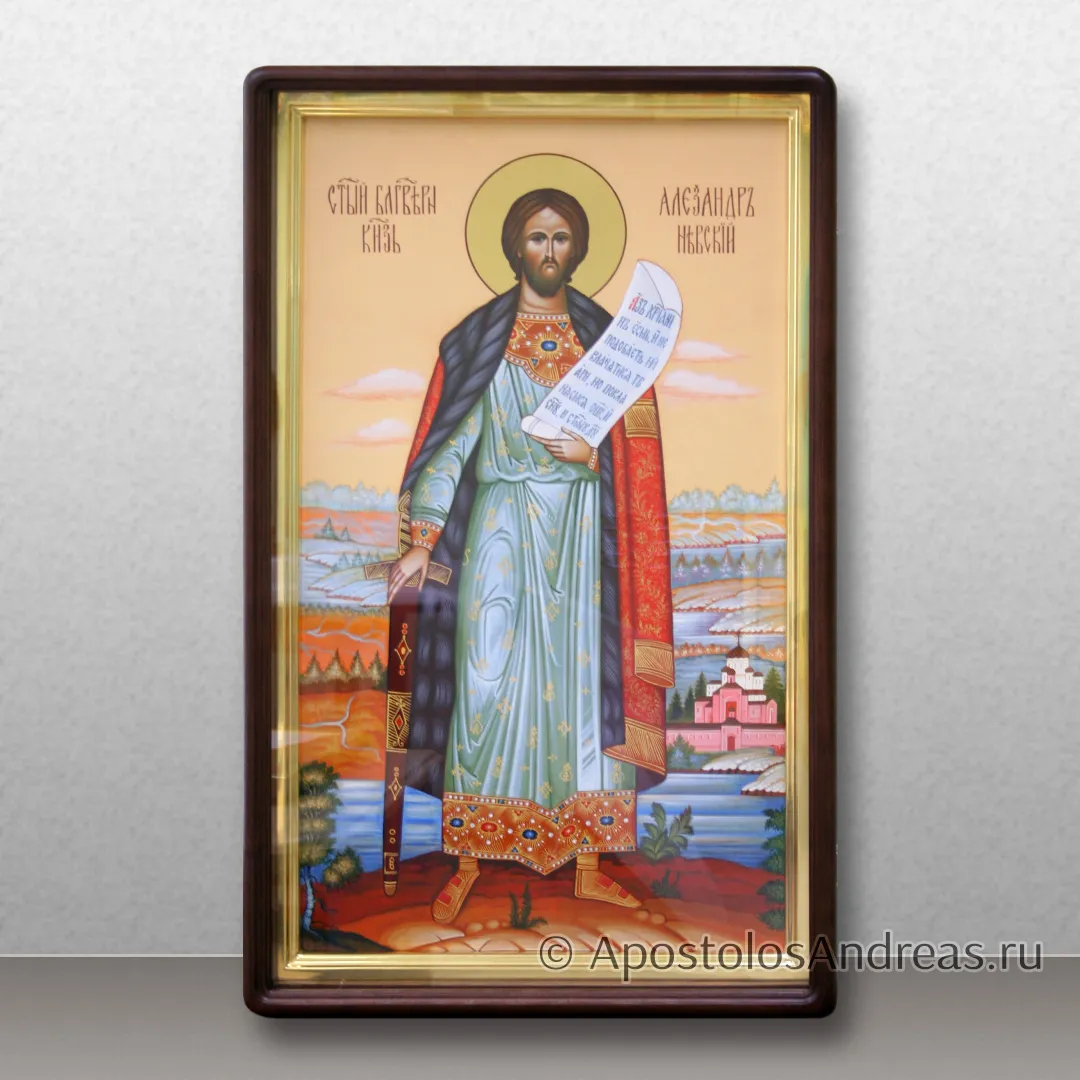 Икона в киоте ростовая Александр Невский с золочением фона, образец № 38