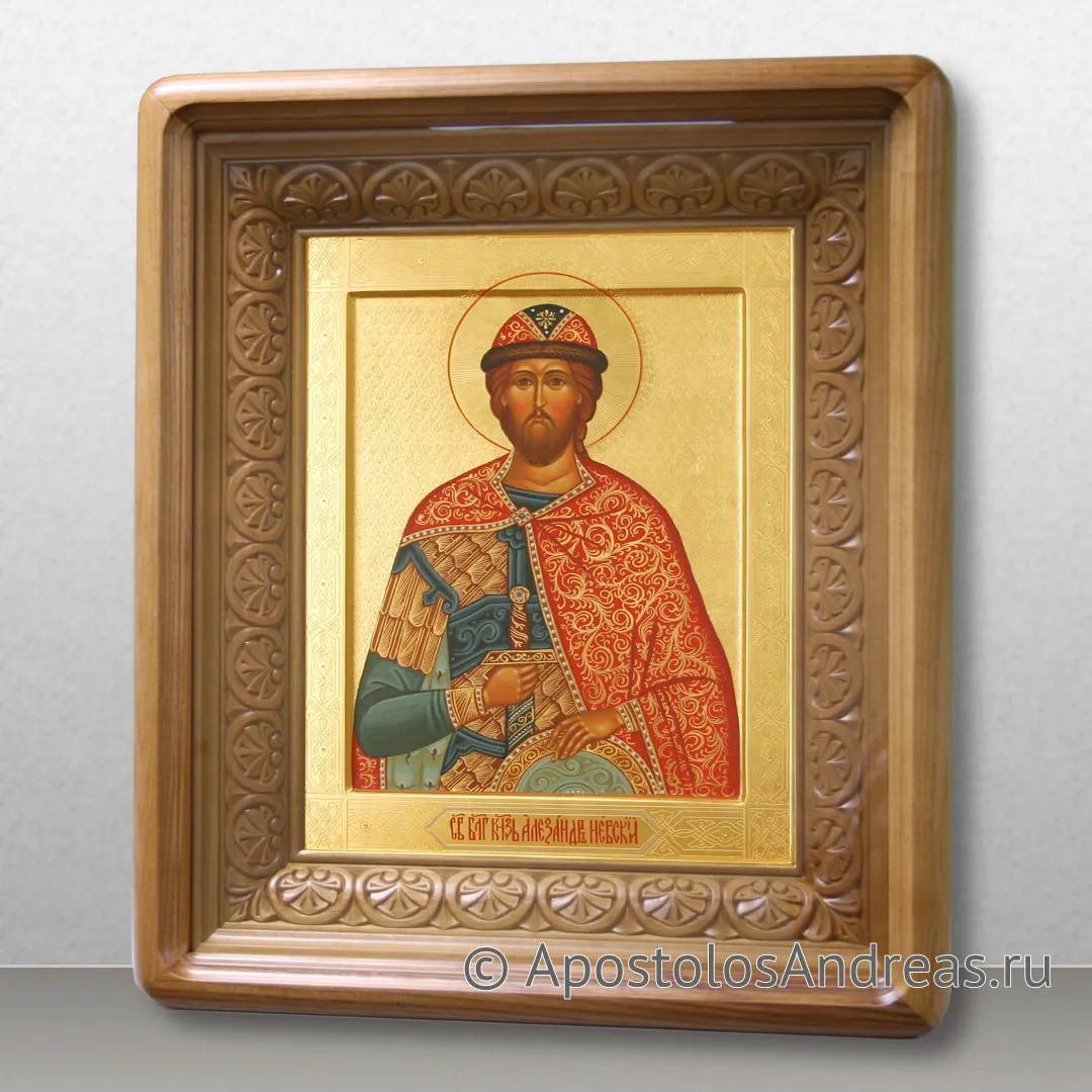Икона Александра Невского с гравировкой фона, в киоте с резной рамой, образец № 6