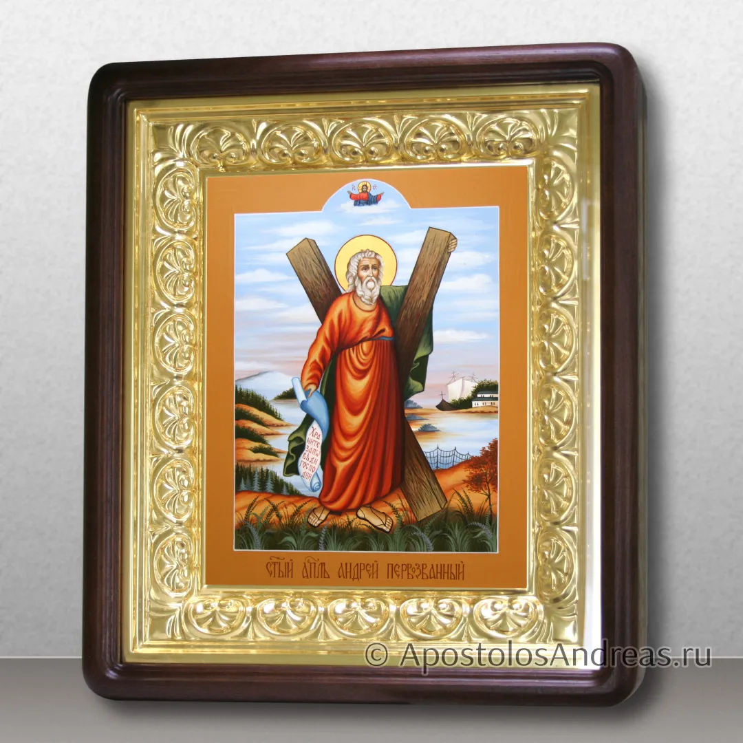 Живописная икона Андрея Первозванного, в киоте с резной рамой, в киоте - 40х46, 2025 — образец № 45