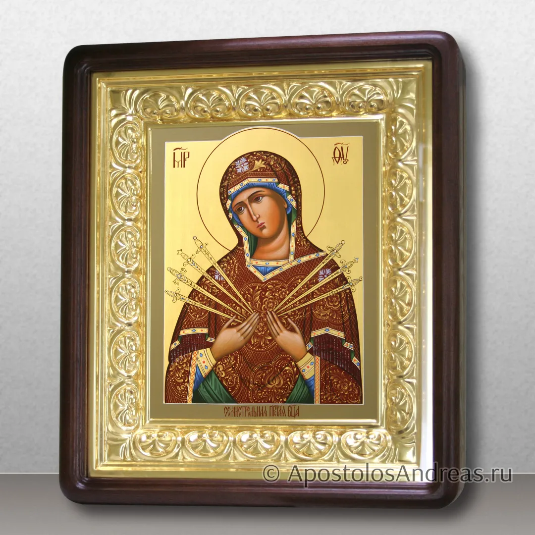 Икона БМ Семистрельная в киоте с резной рамой, в киоте - 38х44, 2024 — образец № 27