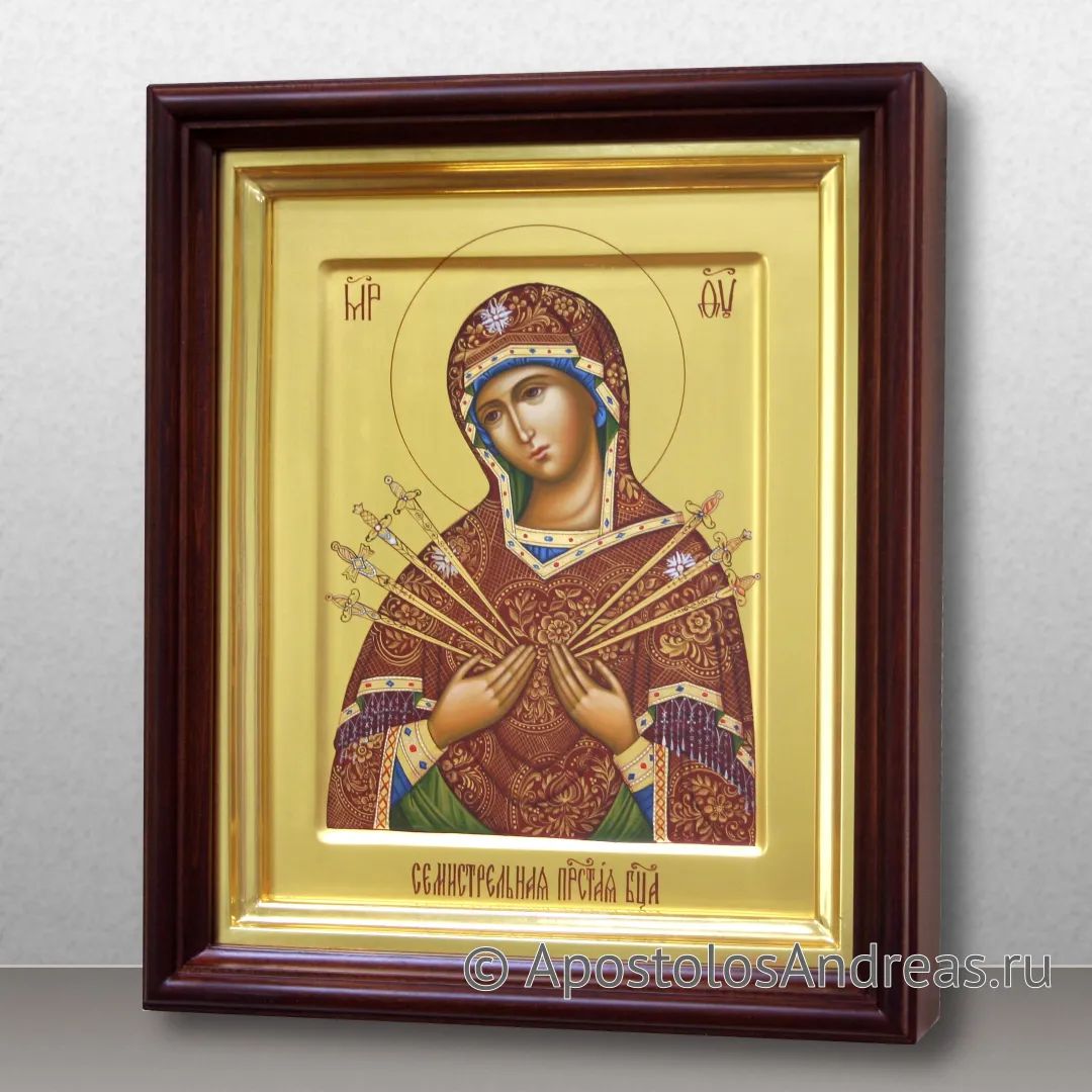 Икона в киоте БМ Семистрельная (с золочением фона), в киоте - 31х37, 2024 — образец № 9