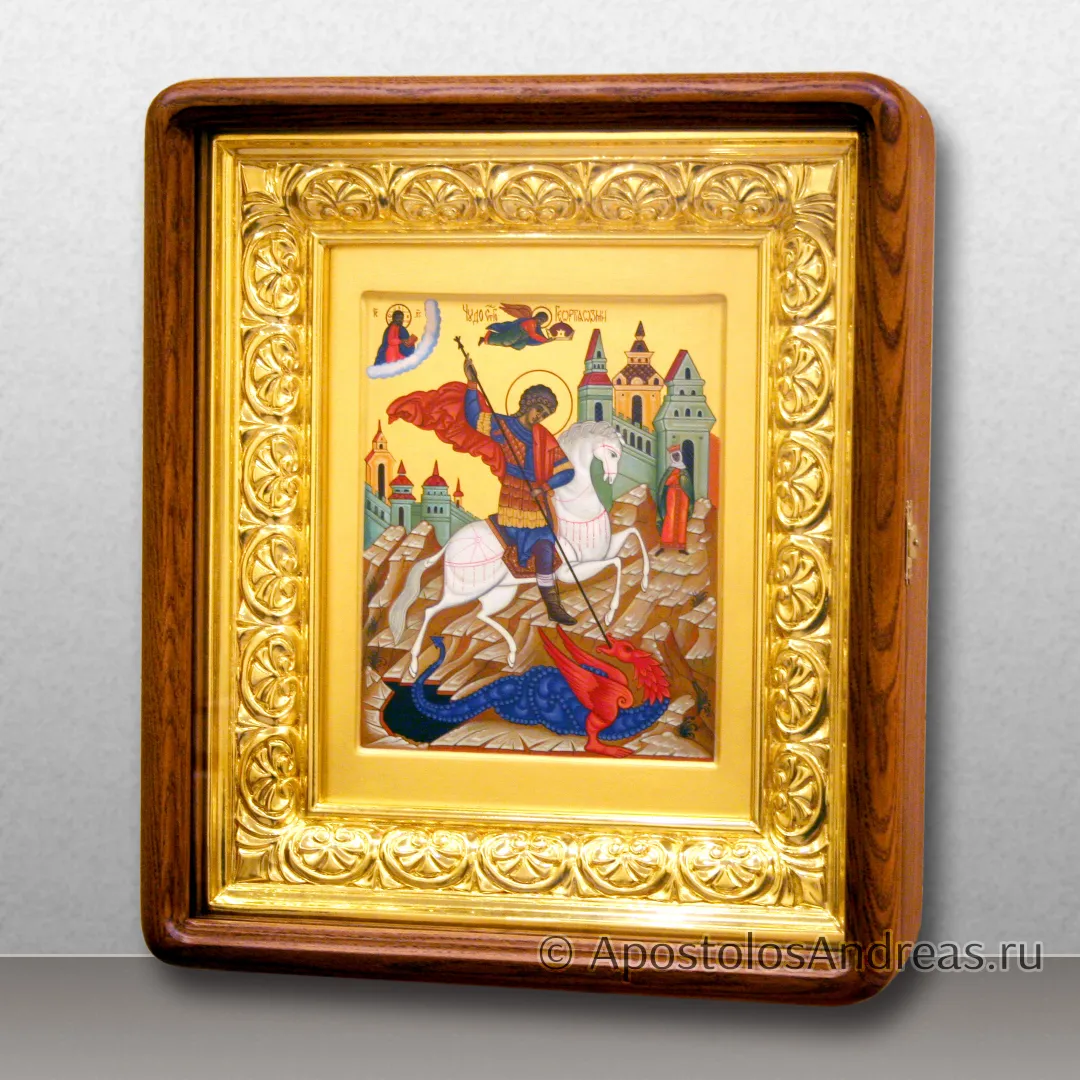 Икона Георгий Победоносец, в киоте с резной рамой (с дверцей), образец № 51