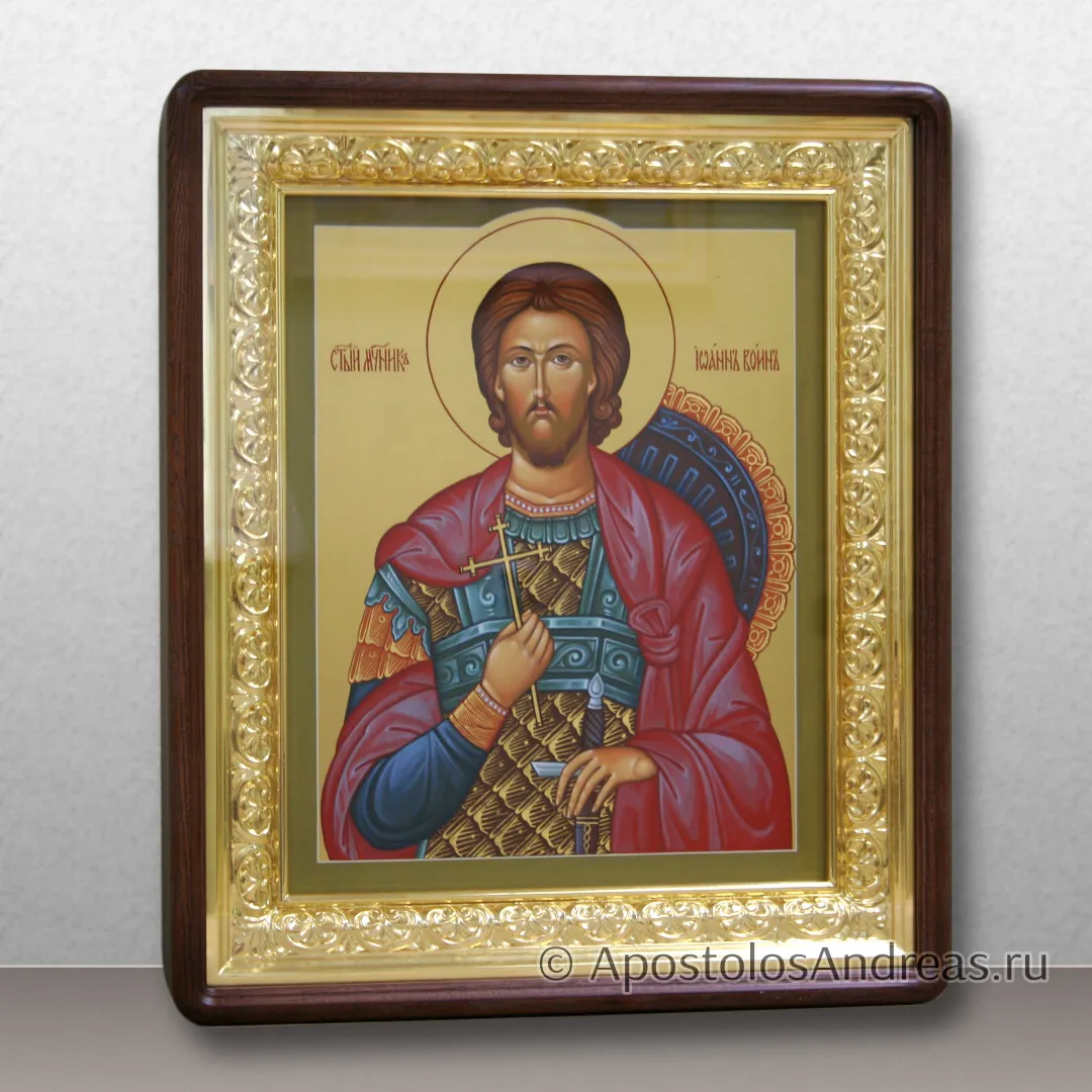 Икона Иоанн воин мученик в киоте с резной рамой, в киоте - 55х65, 2025 — образец № 3