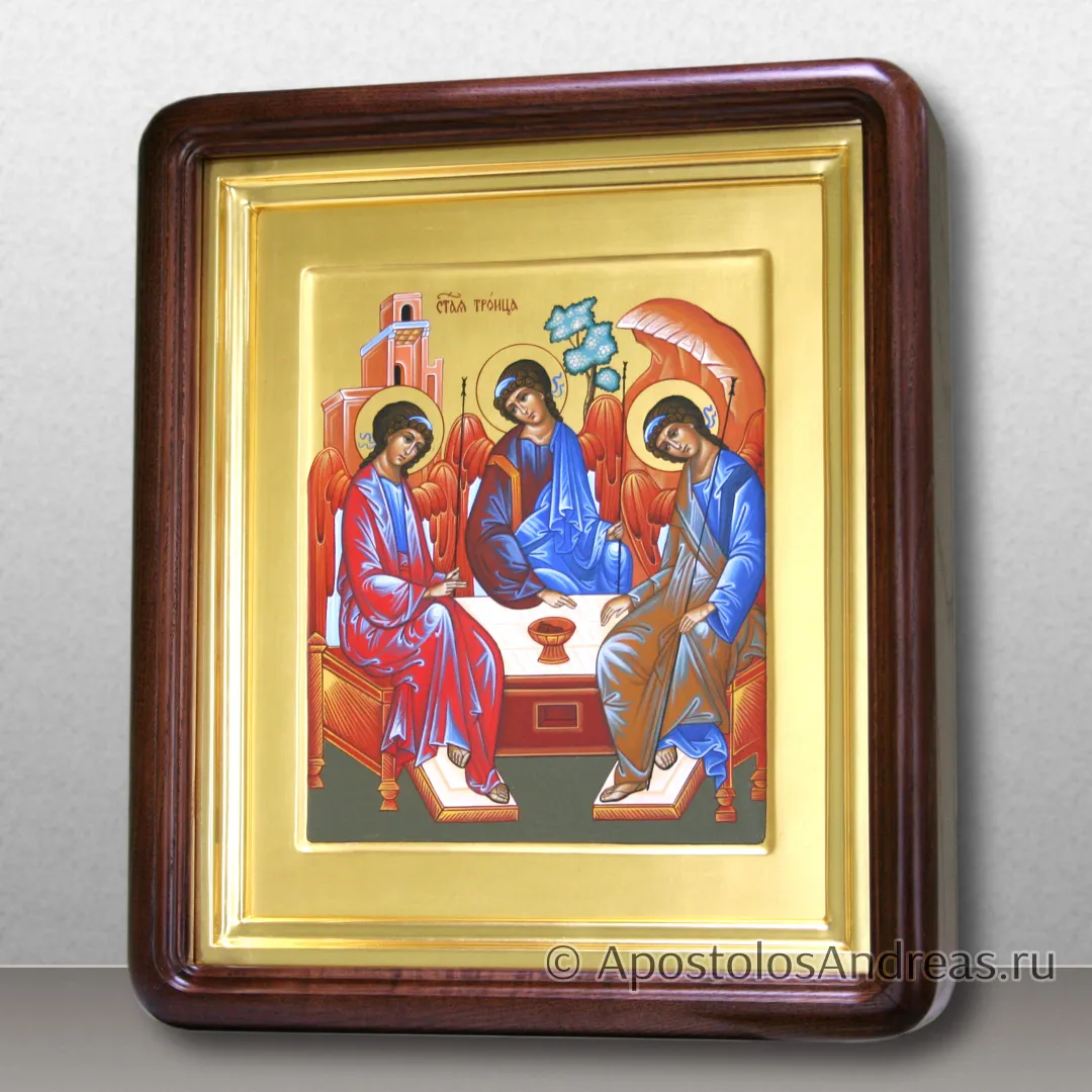 Икона Троицы с золочением фона, в киоте с профильной рамой, в киоте - 31х37, 2024 — образец № 18