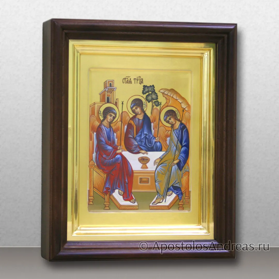 Икона Святая Троица с золочением фона, в киоте с золоченой рамой, в киоте - 25х31, 2024 — образец № 19