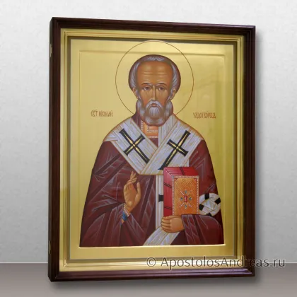 Икона Николай Мирликийский с золочением фона, в киоте, миниатюра № 63