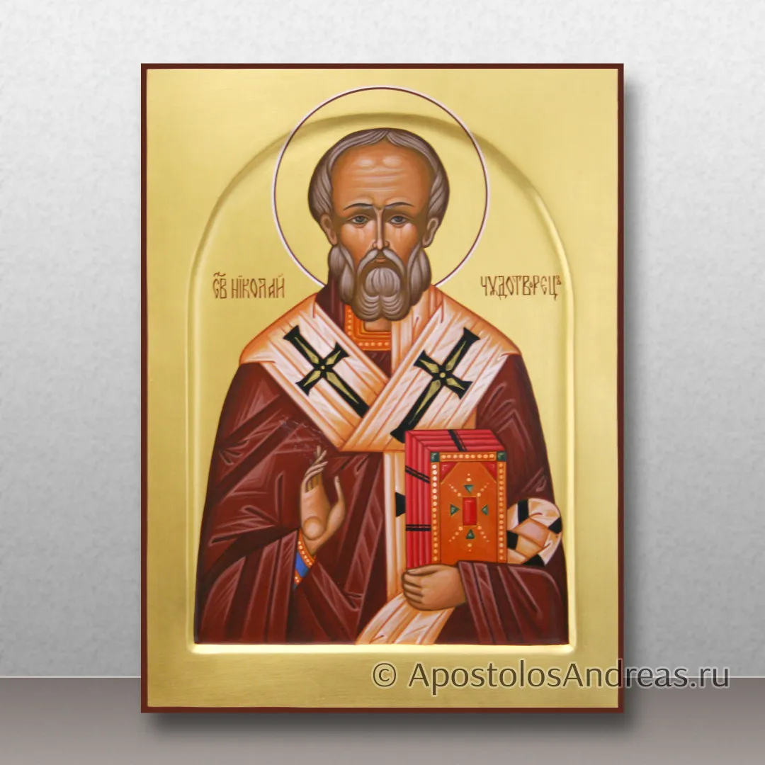 Икона Николай чудотворец с золочением фона (арочный ковчег), образец № 65