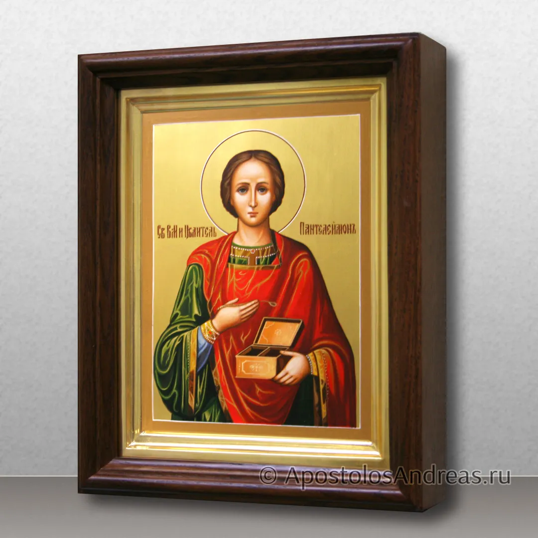 Икона в киоте Пантелеймон целитель с золочением, в киоте - 25х31, 2024 — образец № 32