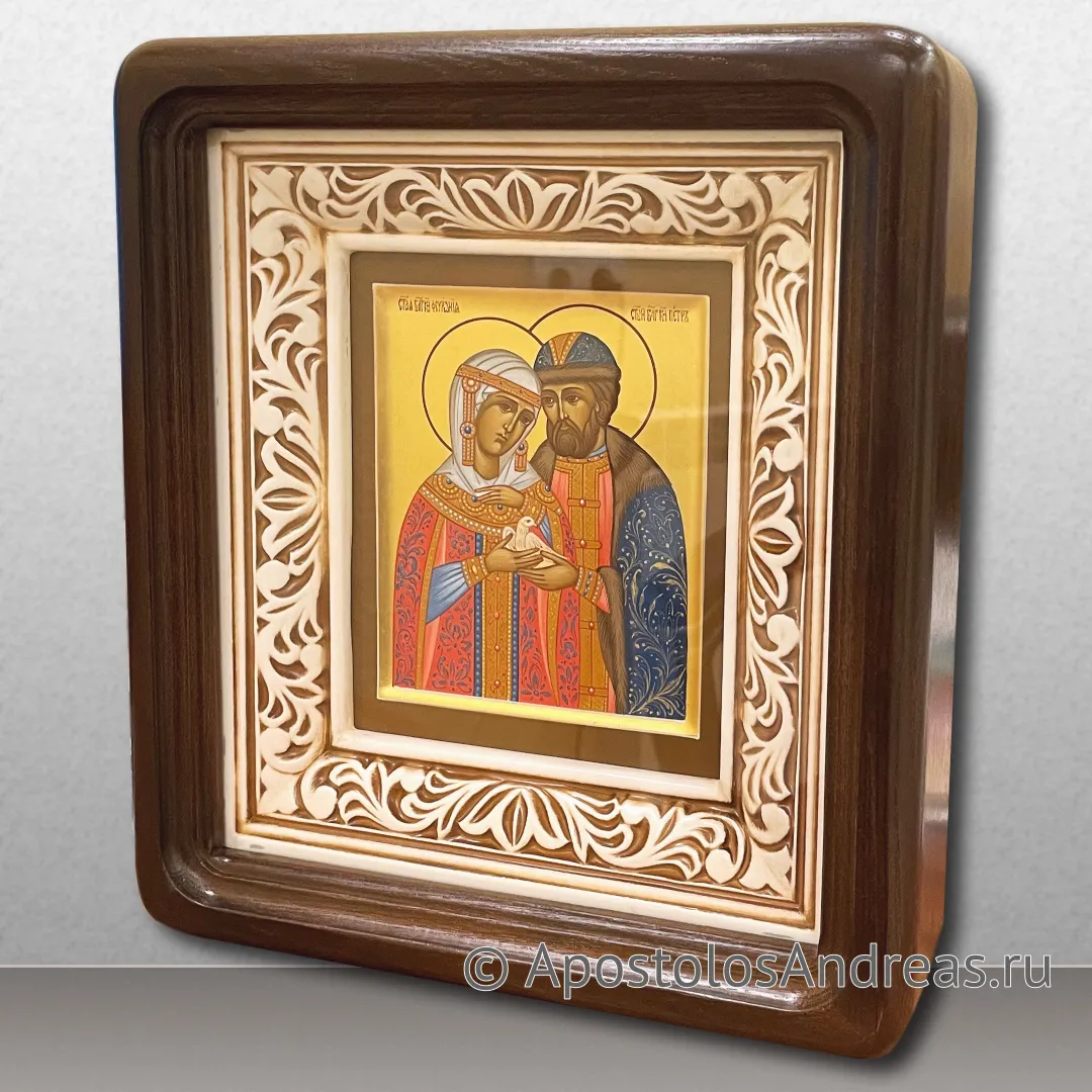 Икона Петр и Феврония Муромские, чудотворцы, 13х16 (габариты по киоту - 23х26 см), 2023 — образец № 30