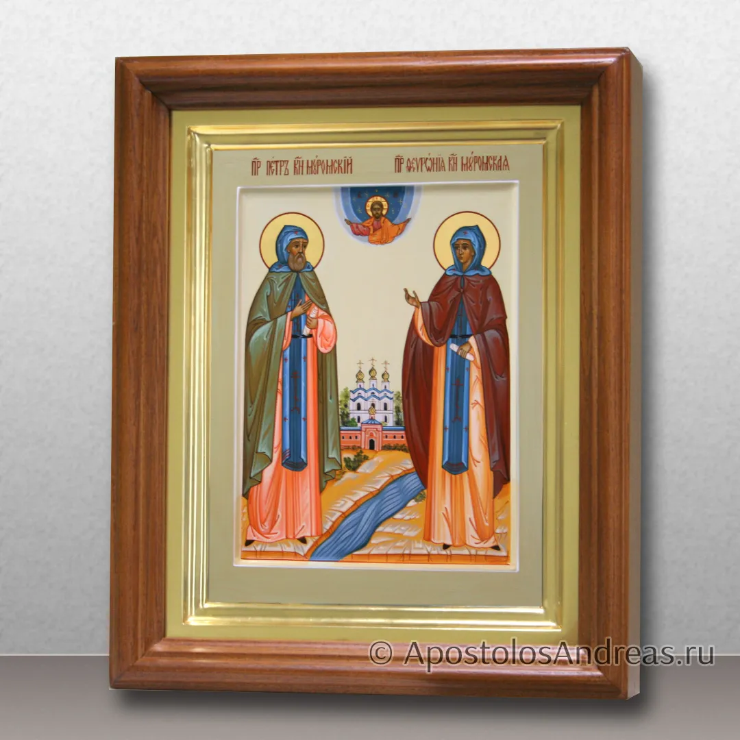 Икона в киоте Петр и Феврония (c золочением нимбов), 18х24, в киоте - 25х31, 2025 — образец № 59