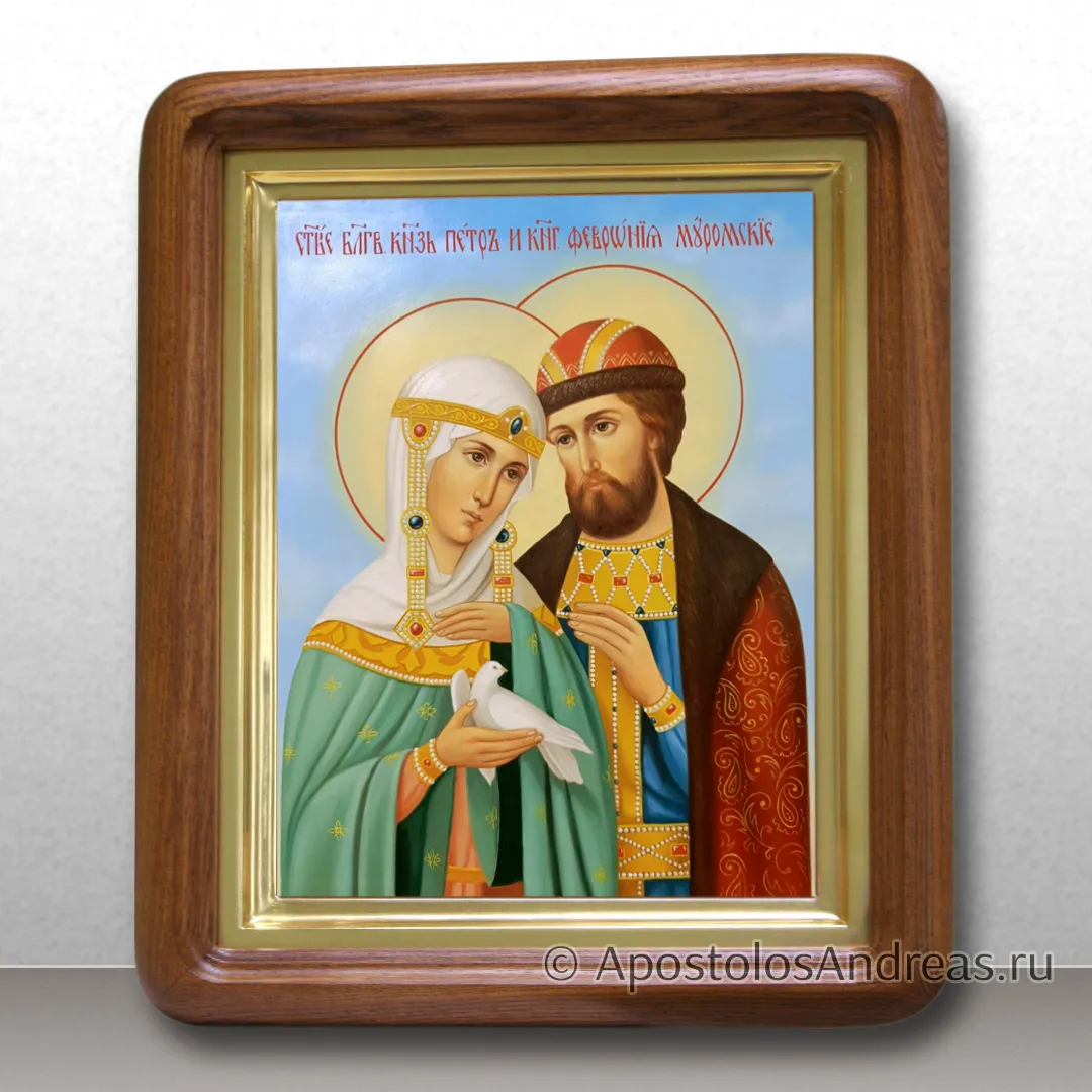 Икона в киоте Петра и Февронии (академическое письмо), 18х24, в киоте - 25х31, 2026 — образец № 60