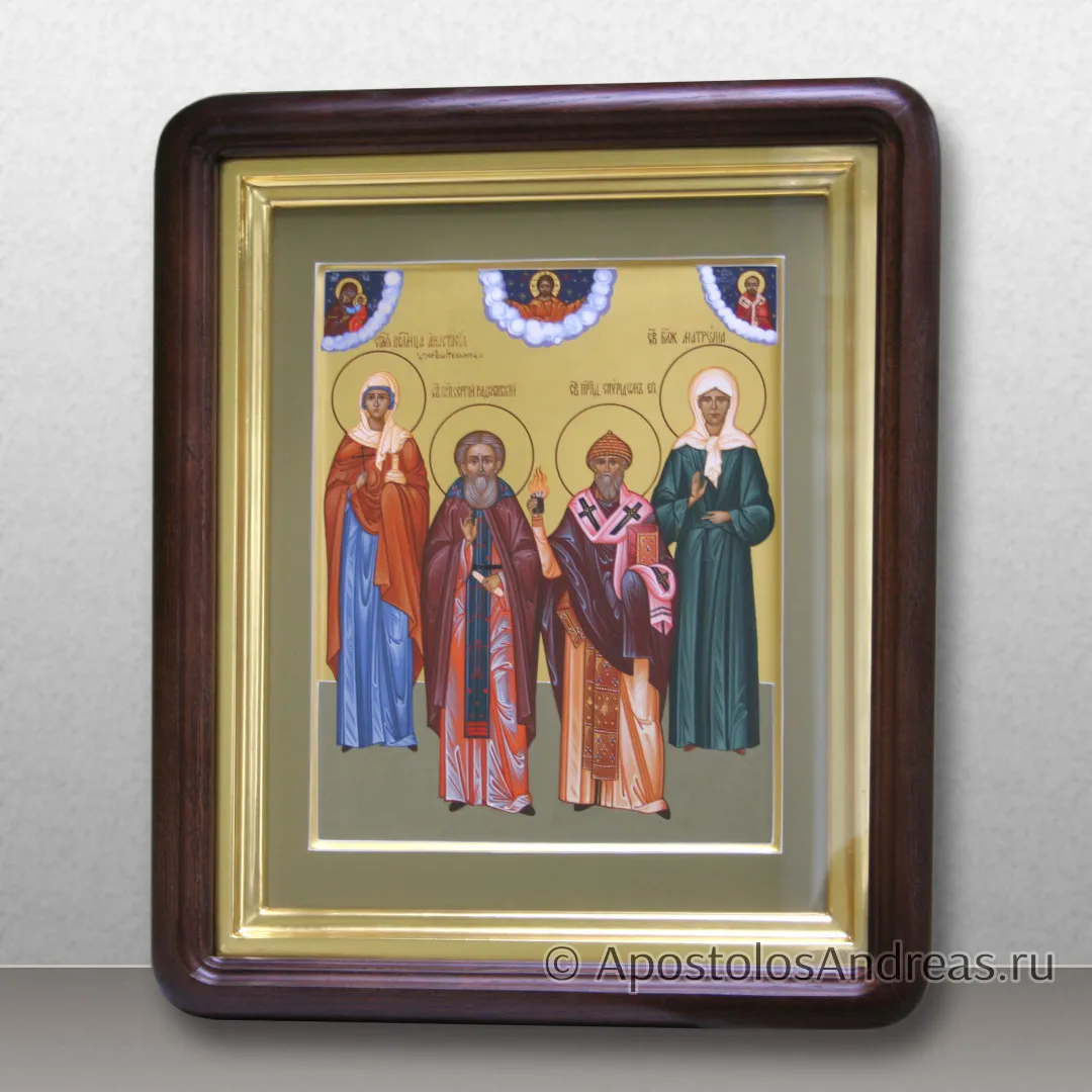 Семейная икона в киоте (4 святых и предстоящие), в киоте - 31х37, 2025 — образец № 2
