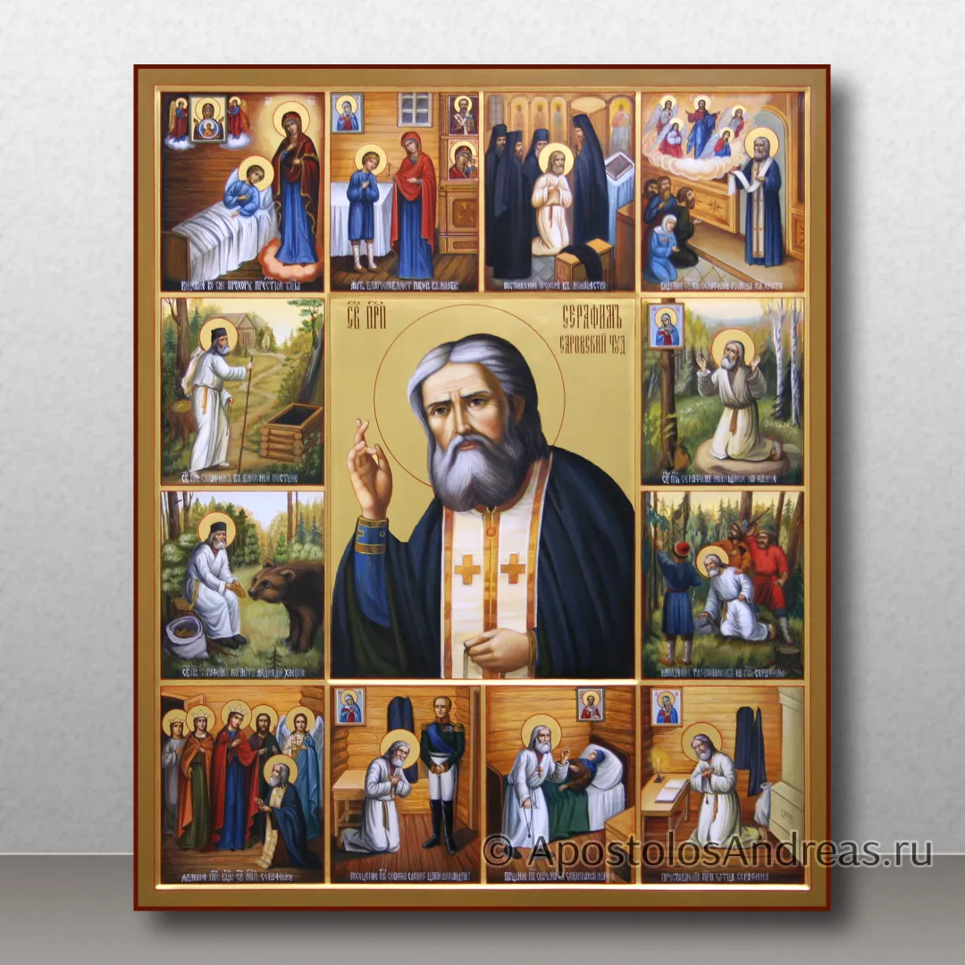 Храмовая икона Серафим Саровский с житием, 70х85, 2024 — образец № 22