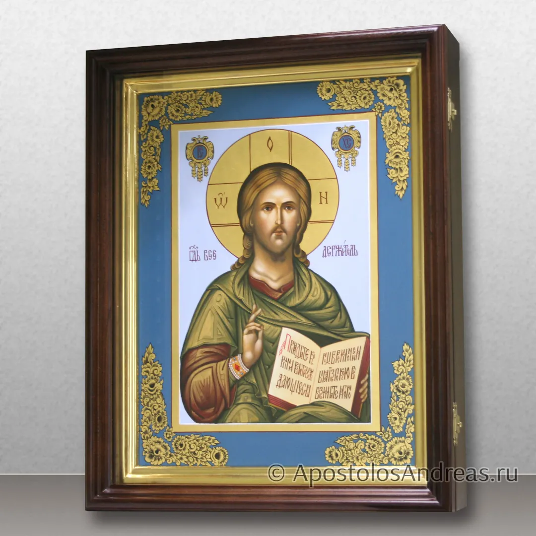 Икона Спасителя (фряжское письмо, орнамент) в киоте с дверцей, образец № 41