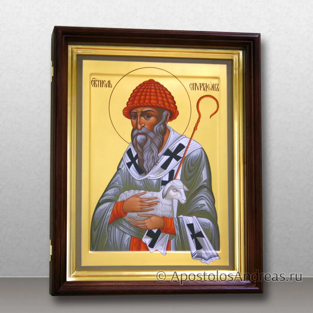 Именная икона в киоте с дверцей Спиридон Тримифунтский, в киоте - 31х37, 2024 — образец № 39