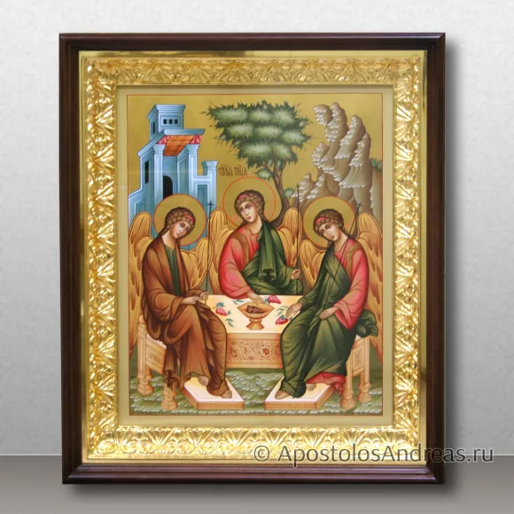 Рукописная икона Святая Троица (Палехский стиль), в киоте