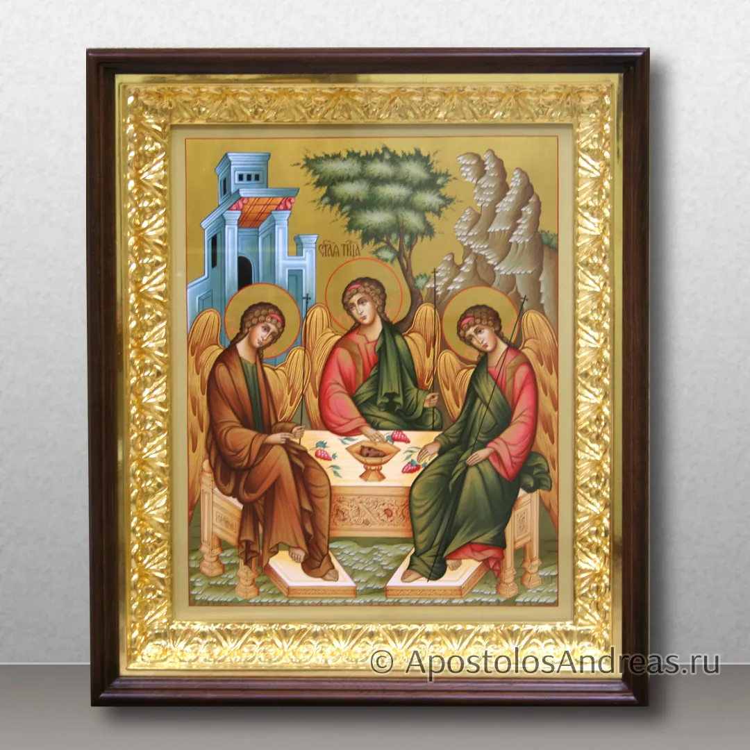 Икона Святая Троица (Палехский стиль) в киоте с резной рамой, образец № 1