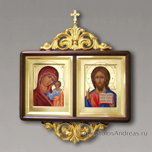Рукописная икона Венчальная пара #50 (в двойном киоте, с резьбой)
