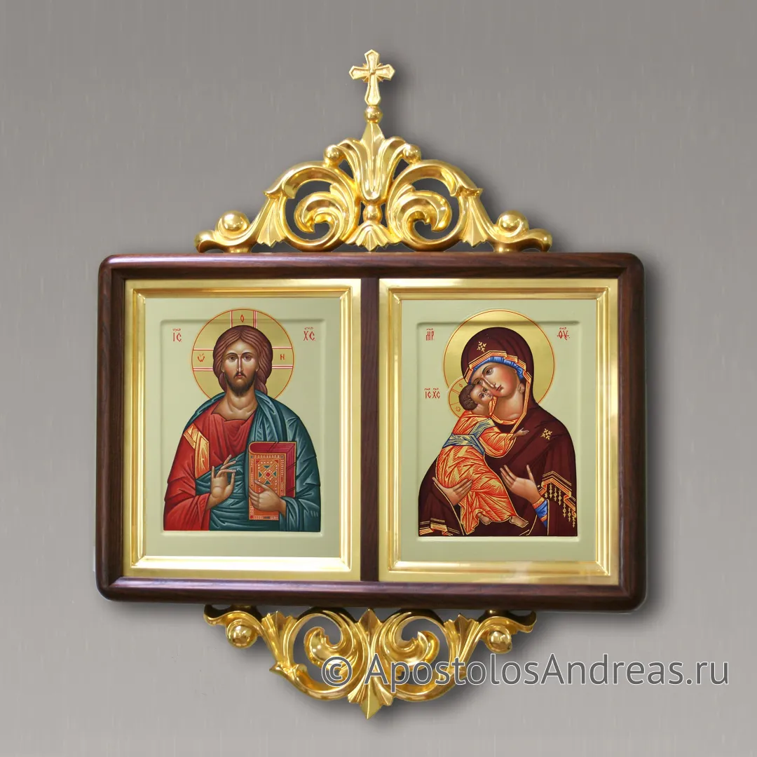 Венчальные иконы в киоте с резным оглавием (Казанская и Спас Вседержитель), в киоте - 47х60, 2024 — образец № 1