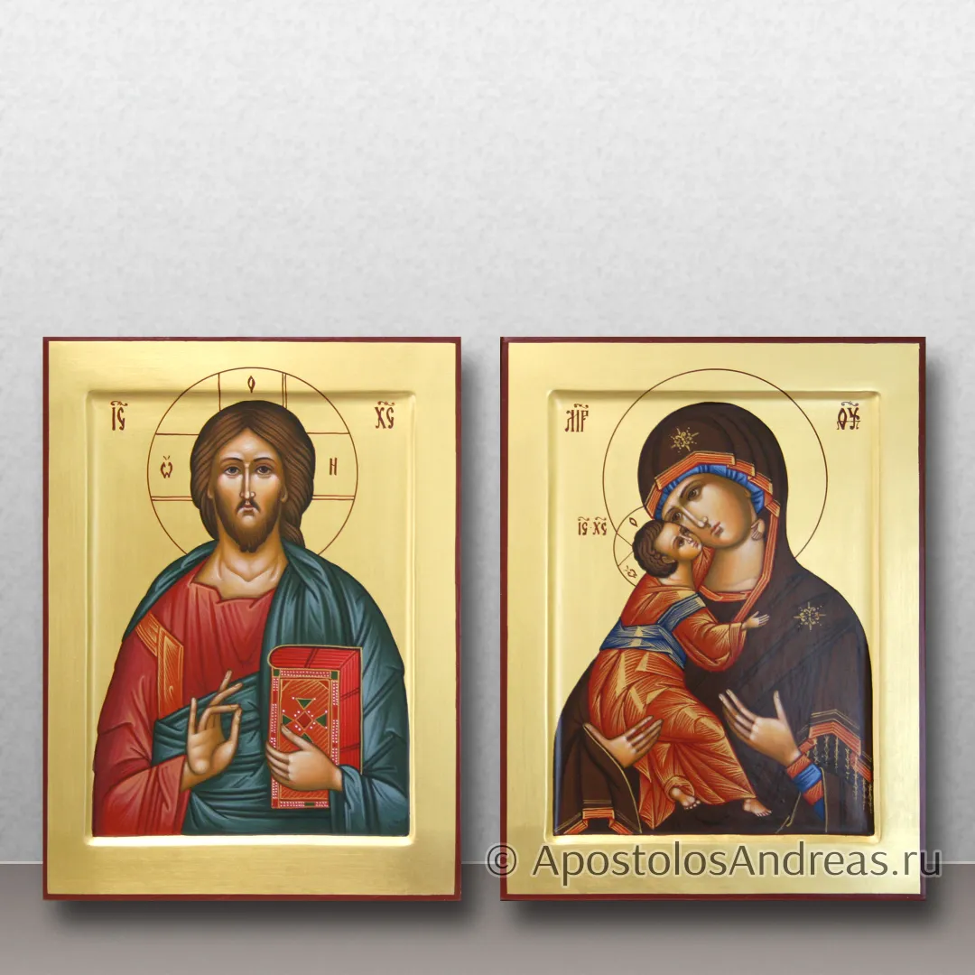 Венчальная пара — Владимирская и Спас Вседержитель, на золоте, 18х24, 2024 — образец № 1