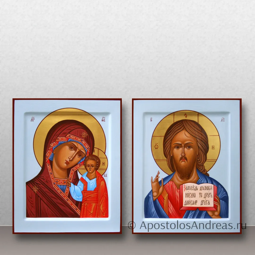 Венчальная пара — Казанская и Спас Вседержитель, на голубом фоне, 13x16, 2024 — образец № 1