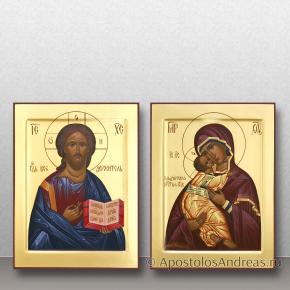 Венчальная пара — Владимирская и Спас, с золочением фона, миниатюра № 1