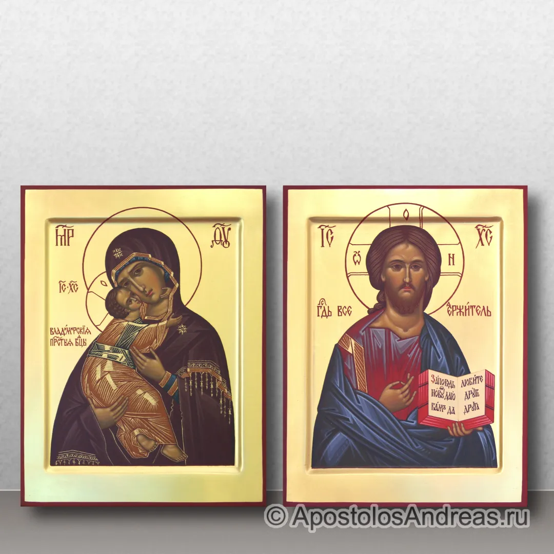 Венчальная пара с золочением фона (БМ Владимирская и Спас), 18х24, 2025 — образец № 1