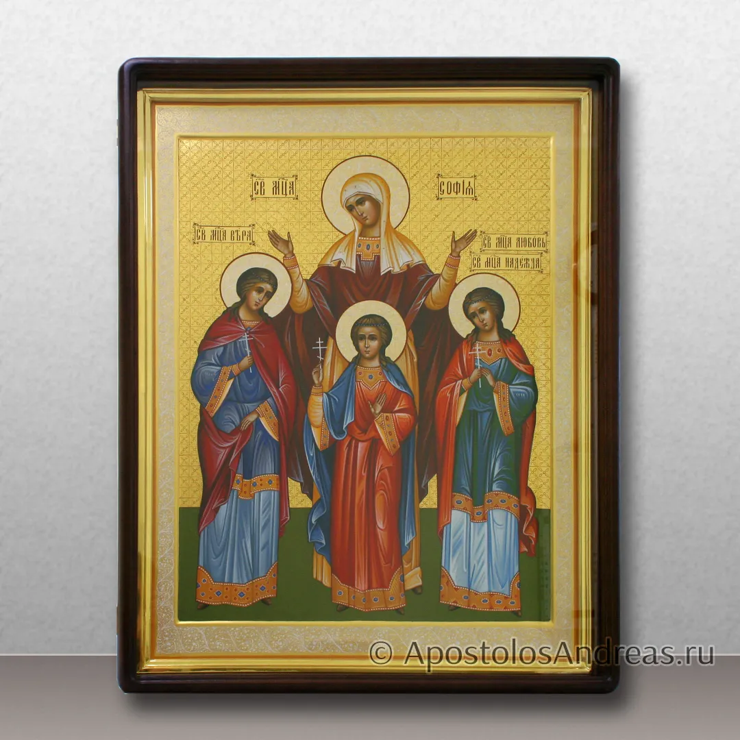 Икона Вера Надежда Любовь и мать их София, с орнаментом, в киоте с дверцей, в киоте - 70х80, 2024 — образец № 11
