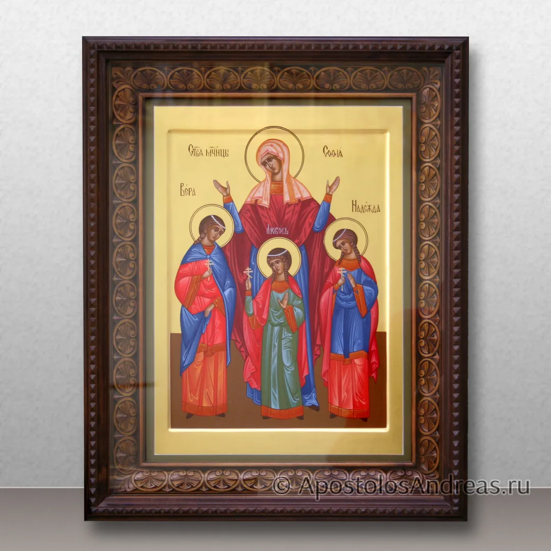 Икона в резном киоте Вера Надежда Любовь и мать их София, в киоте - 45х55, 2025 — образец № 14
