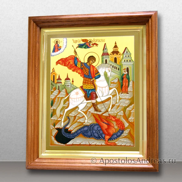 Икона Георгий Победоносец, c золочением, в киоте, образец № 55